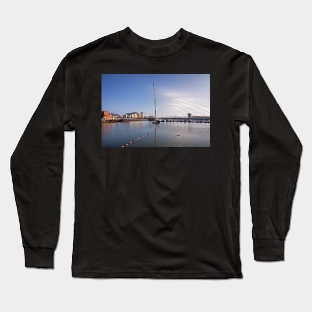 The Sail Bridge, Swansea Marina, Swansea, Wales Long Sleeve T-Shirt by dasantillo